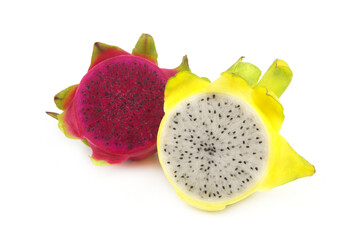 Two different halved dragon fruits isolated on white background	