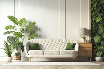 modern living room with a white couch and lush green plants. Generative AI