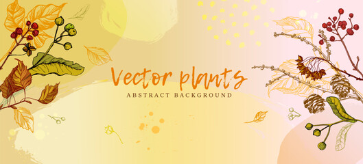 Wallpaper in botanical style, freehand drawing. Vector. Autumn leaves and berries, cones, organic shapes, watercolor. Vector background for banner, poster, web and packaging.