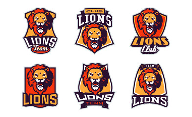 Set of sports logos with lion mascots. Colorful collection sports emblem with lion mascot and bold font on shield background. Logo for esport team, athletic club. Isolated vector illustration