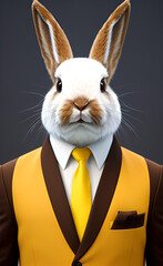 A rabbit in a yellow brown suit with a yellow tie
