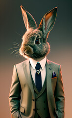 A rabbit in a light green suit with a white shirt