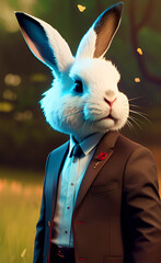 A rabbit in a royal brown suit with a white shirt