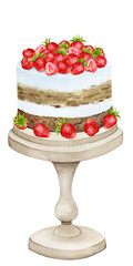 Cream cake on a stand decorated with strawberries. Watercolor holiday clipart for design of postcards, greeting cards, invitations, menus, logos, fabric prints. Wedding, birthday, anniversary design.
