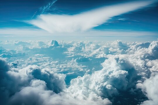 aerial view of clouds from inside an airplane. Generative AI