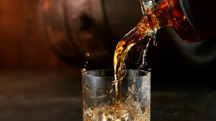 Super slow motion of pouring whiskey or rum with camera motion. Filmed on high speed cinema camera, 1000 fps. - Powered by Adobe