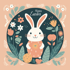 Obraz premium Easter poster and banner template with Easter Bunny surrounded by flowers and greenery .colourful Greetings and presents for Easter Day in flat lay styling.Promotion and shopping template for Easter.