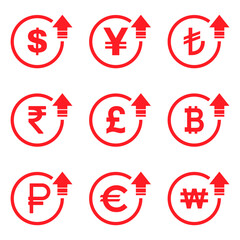 Cost symbol dollar euro increase icon. Income vector symbol image isolated on background