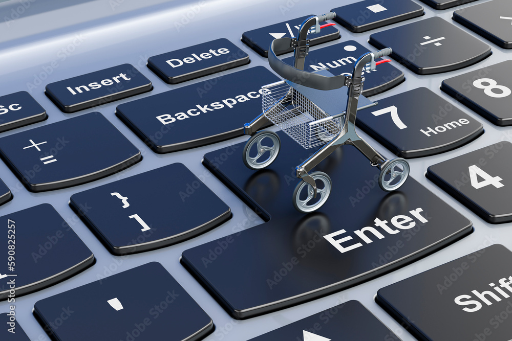 Poster rollator for elderly on laptop keyboard, 3d rendering