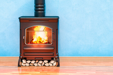Potbelly stove, wood burner stove in room near wall, 3D rendering