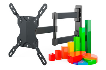 TV Monitor Wall Mount with growth bar graph and pie chart. 3D rendering