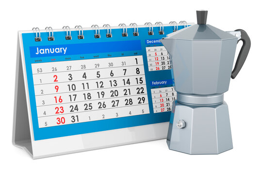 Coffee Maker, Moka Pot with desk calendar, 3D rendering