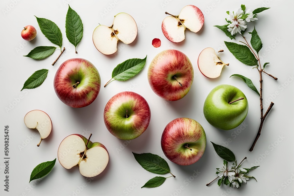 Poster group of fresh red apples arranged on a minimalist white table. generative ai