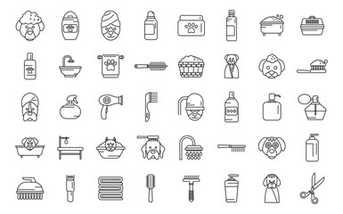 Dogs spa icons set outline vector. Grooming shower. Animal spa