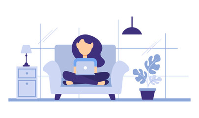 Person is sitting on a modern sofa with a laptop. Cute interior illustration in flat style. Work at home concept