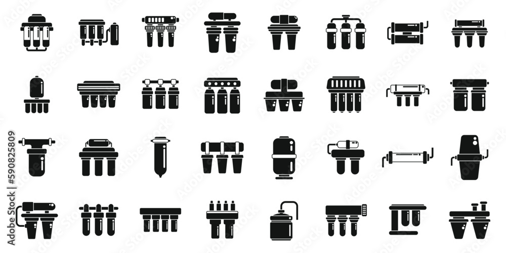 Poster reverse osmosis system icons set simple vector. aqua filter. water reverse
