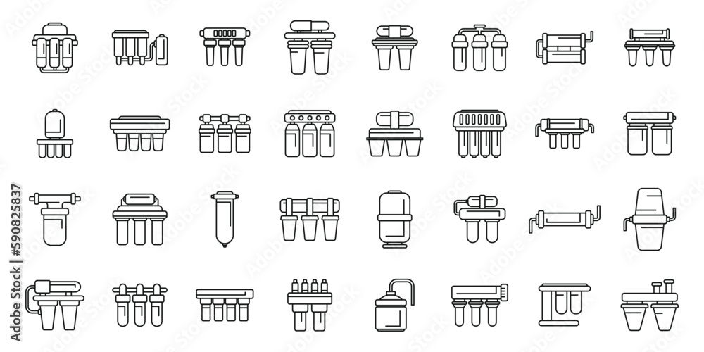 Poster reverse osmosis system icons set outline vector. aqua filter. water reverse