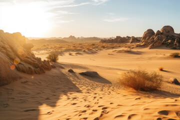Rugged Serenity: A Vast and Barren Desert Landscape with Sand Dunes and Rugged Rock Formations - created with Generative AI
