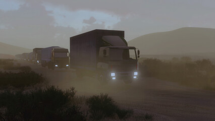 Convoy of military cargo trucks with luminous headlights ride on dirt road in sandy desert at night. Land forces and army transportation theme concept 3D illustration from my 3D rendering.