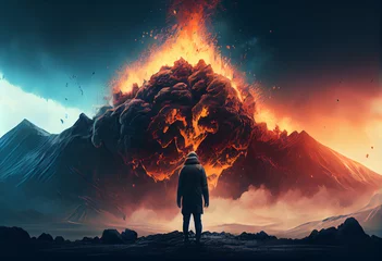 Foto op Canvas A man stands in front of an erupting lava flow. Volcano eruption scene. © shevtsovy