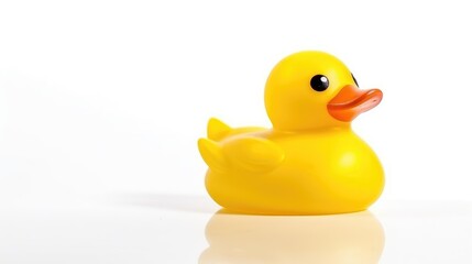 Yellow toy duck on white background, Generative AI, 