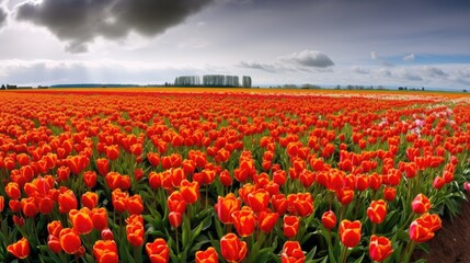 Field of tulips and sky, grey cloud, Generative AI