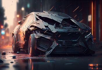 Auto accident on the street. A car damaged after a severe accident stands on a city street. Accident insurance concept.