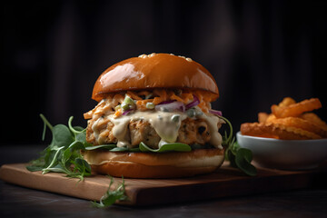 Fresh tasty chicken burger on wood table.