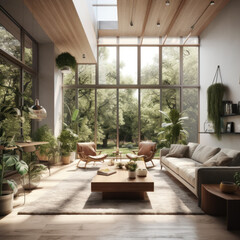 Fototapeta premium A Modern Room with Green Plants and Natural Light - created with Generative AI