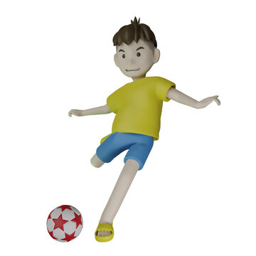 3D Character Rendered, Boy playing soccer ball with kicking pose
