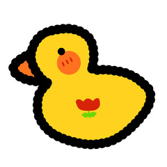 The popular yellow toy duck that floats on water for young children has a cute appearance with orange cheeks and a yellow body adorned with flower patterns