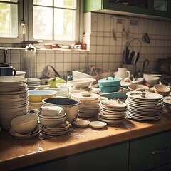 Compulsive Hoarding Syndrom - messy kitchen with pile of dirty dishes