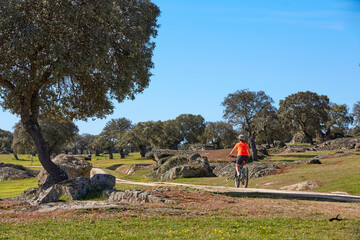 nice senior woman cyling with her electric mountain bike in a stone oak forest of the Extremadura...