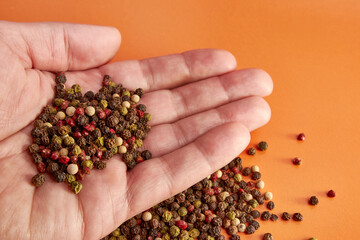 The palm is filled with a mixture of peppers in the shape of a pea. Black, pink, green, white...