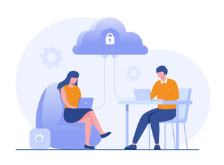 Cloud system, file download, database protection concept, data center, file management, flat illustration vector banner