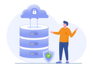 Data server concept. Storage technology, cloud system, database. Template of people scene. Vector illustration with character activities in flat design for website, folder, data center.