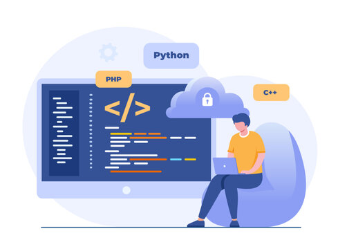 Software development. Web programming languages. css, html, it, ui. programmer cartoon character developing website, coding. flat illustration banner
