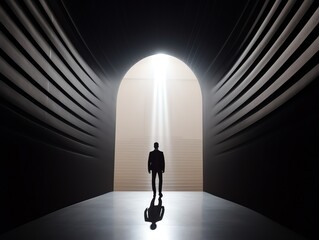 Silhouette of a businessman standing in front of a door with light coming through it.