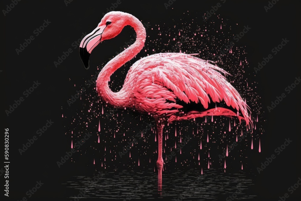 Poster pink flamingo wading in shallow water with a reflection. generative ai