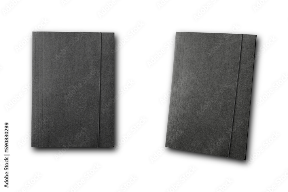 Poster a4 black folder with rubber band to keep documents.top and side view. 3d rendering.mockup isolated o