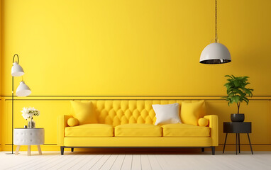 Yellow wall interior living room has yellow sofa and decoration minimal