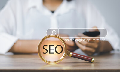 professional digital marketing business woman doing tool search engine optimization on technology...