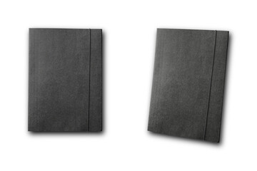 A4 black folder with rubber band to keep documents.top and side view. 3d rendering.Mockup isolated on white background.