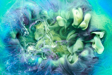 Green blue contrast liquid art background. Paint ink explosion, abstract clouds of smoke mock-up,...