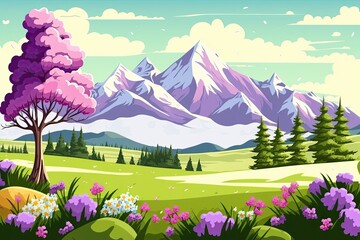 scenic mountain landscape with lush trees and vibrant flowers. Generative AI