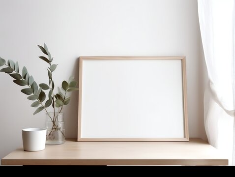 Blank picture frame mockup on wooden shelf and white wall background.