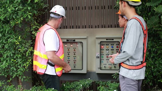 Slow motion VDO senior electrician worker is injured by the electrical shock. Accident electric shock at workplace