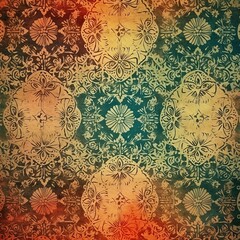 an elegant wallpaper with decorative floral patterns, in the style of dark orange and dark cyan, grungy patchwork, illusory images, intricate floral prints, Created Using Generative AI