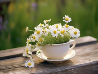 Chamomile flowers in white cup on wooden table in garden.