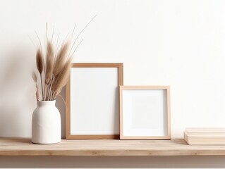 Wooden frame mockup on shelf in modern interior. 3d render.